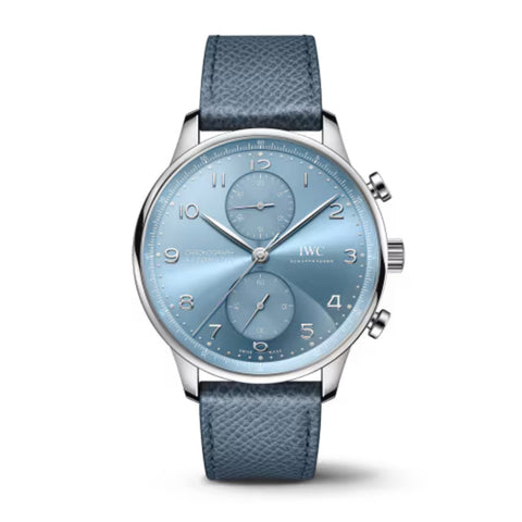 IWC Schaffhausen Portugieser Chronograph 41-IWC Schaffhausen Portugieser Chronograph - IW371626 - IWC Schaffhausen Portugieser Chronograph in a 41mm white gold case with "horizon" blue dial on leather strap, featuring a chronograph function and automatic movement.