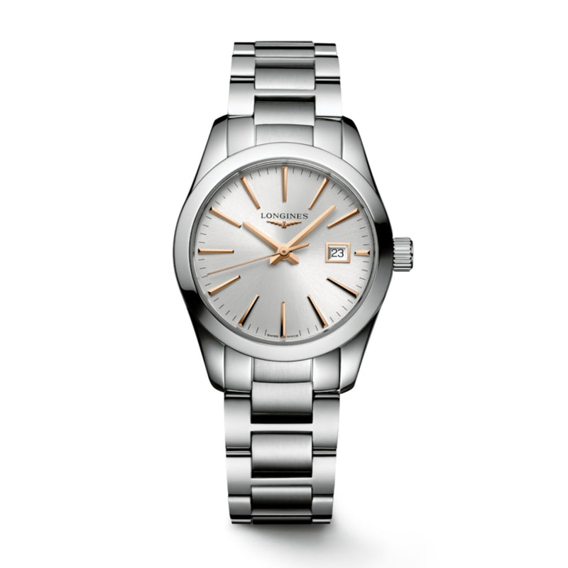 Longines Conquest Classic 29mm-Longines Conquest Classic - L2.286.4.72.6 - The watch features a 29mm stainless steel case and silver dial, as well as a date display and quartz movement.