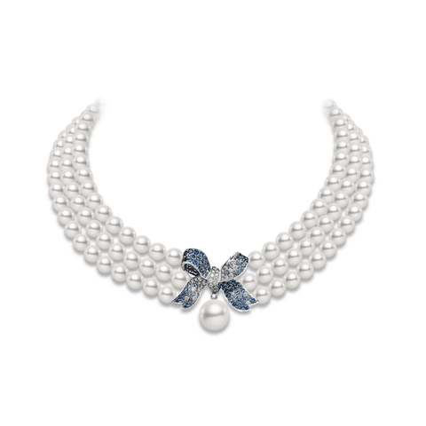 Mikimoto The Bows Diamond, Sapphire and Mixed Pearl Necklace-Mikimoto The Bows Diamond, Sapphire and Mixed Pearl Necklace - MZQ10093ZZXW