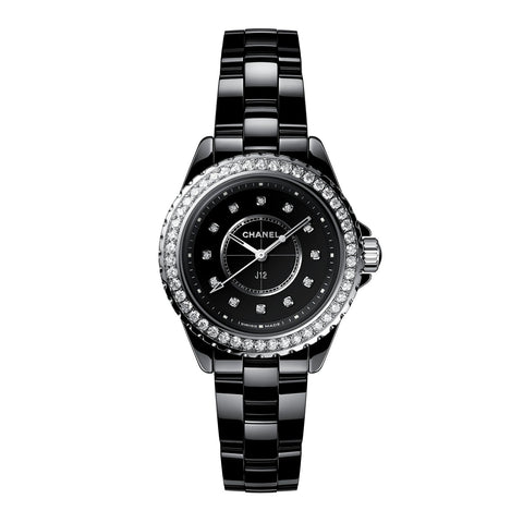 CHANEL J12 Watch, 33mm-CHANEL J12 Watch 33mm - H6419 - CHANEL J12 Watch in a 33mm black ceramic diamond bezel case with black dial on black ceramic bracelet, featuring diamond markers and a quartz movement.