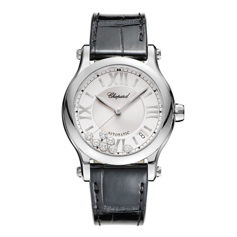 Chopard Happy Sport-Chopard Happy Sport - 278559-3001 - Chopard Happy Sport in a 36mm stainless steel case with silver dial with seven floating diamonds on leather strap, featuring a date display and automatic movement with approximately 62 hours power reserve.