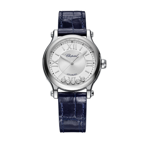 Chopard Happy Sport 33mm-Chopard Happy Sport - 278608-3001 - Chopard Happy Sport in a 33mm stainless steel case with silver dial on leather strap, featuring five moving diamonds and an automatic movement.