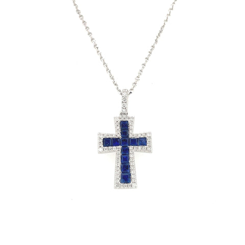 Sapphire and Diamond Cross Pendant and Chain-Cross Sapphire Diamond Necklace - SNTIJ00463