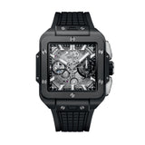 Hublot Square Bang Unico Black Magic-Hublot Square Bang Unico Black Magic - 821.CI.0170.RX - Hublot Square Bang Unico Black Magic in a 42mm microblasted polished black ceramic case with skeleton dial on black rubber strap, featuring a chronograph function and automatic movement with approximately 72 hours power reserve.