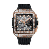 Hublot Square Bang Unico King Gold Pavé 42mm-Hublot Square Bang Unico King Gold Pave - 821.OX.0180.RX.1604 - Hublot Square Bang Unico King Gold Diamonds in a 42mm 18k King Gold pavé diamond case with skeleton dial on rubber strap, featuring a flyback chronograph function and automatic movement with approximately 72 hours power reserve.