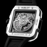 Hublot Square Bang Unico White Ceramic 42mm-Hublot Square Bang Unico White Ceramic in a 42mm white ceramic case with blue skeleton dial on rubber strap, featuring a chronograph function and automatic movement with approximately 72 hours power reserve.