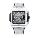 Hublot Square Bang Unico White Ceramic 42mm-Hublot Square Bang Unico White Ceramic in a 42mm white ceramic case with blue skeleton dial on rubber strap, featuring a chronograph function and automatic movement with approximately 72 hours power reserve.