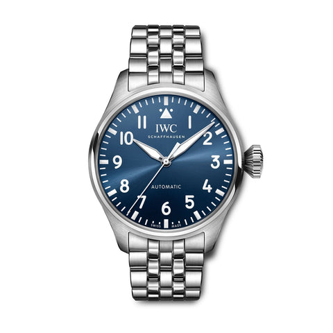 IWC Schaffhausen Big Pilot's Watch 43-IWC Schaffhausen Pilot's Watch in a 43mm stainless case with blue dial on stainless steel bracelet, featuring an automatic movement with up to 60 hours power reserve.