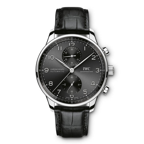 IWC Schaffhausen Portugieser Chronograph 41-IWC Schaffhausen Portugieser Chronograph 41 in stainless steel with black dial on leather strap, featuring a chronograph function and automatic movement.