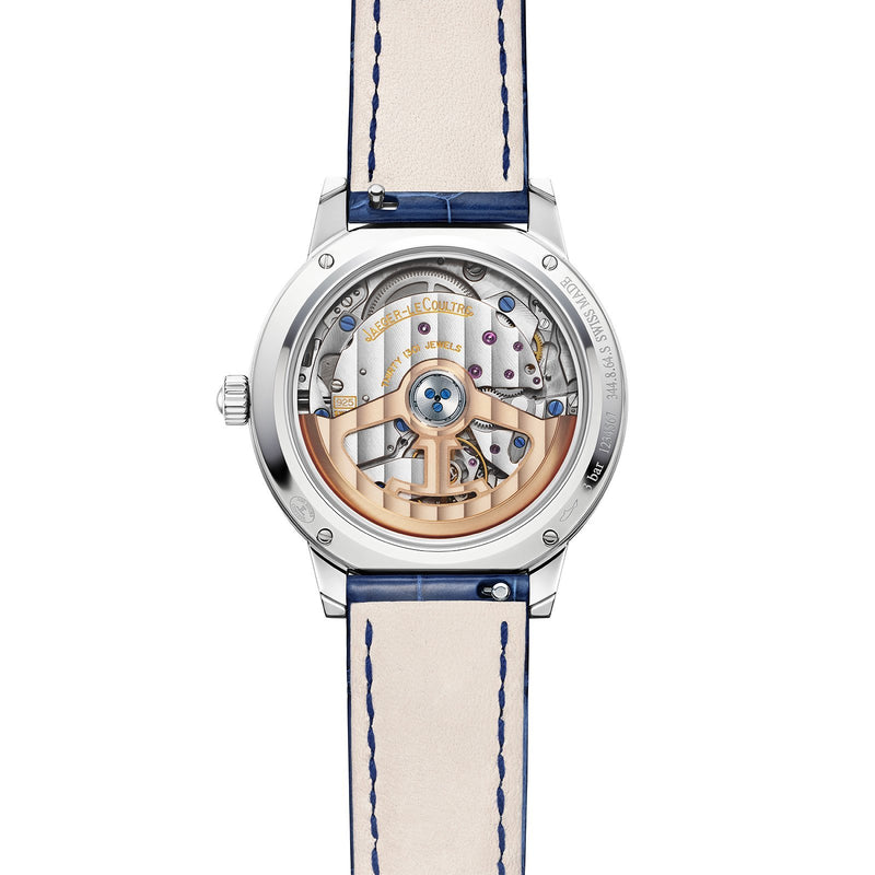 Jaeger-LeCoultre Rendez-Vous Classic Moon-Jaeger-LeCoultre Rendez-Vous Moon Medium in a 34mm stainless steel diamond bezel case with silver guilloché dial on leather strap, featuring a moon phase display and automatic movement with up to 40 hours of power reserve.