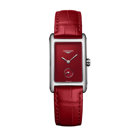 Longines Dolcevita-Longines Dolcevita - L5.512.4.91.2 - 23.3 x 37mm stainless steel case, red dial. Small seconds. Water resistance to 3 bar. Quartz movement. Calfskin leather strap