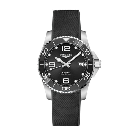 Longines HydroConquest 39mm-Longines HydroConquest - L3.780.4.56.9 - Longines HydroConquest in a 39mm stainless steel case with black dial on black rubber strap, featuring a date display and automatic movement with up to 72 hours of power reserve.