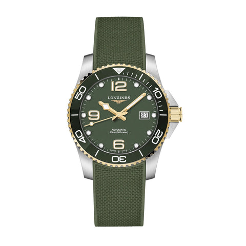 Longines HydroConquest 41mm-Longines HydroConquest - L3.781.3.06.9 - Longines HydroConquest in a 41mm stainless steel/green ceramic case with green dial on rubber strap, featuring a date display and automatic movement with up to 72 hours of power reserve.