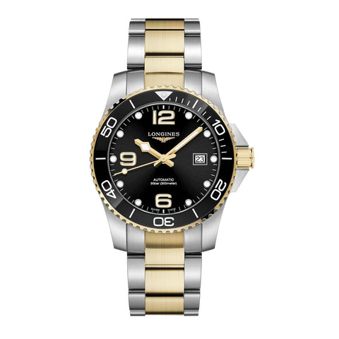 Longines HydroConquest 41mm-Longines HydroConquest - L3.781.3.56.7 - Longines HydroConquest in a 41mm stainless steel/yellow pvd coating/black ceramic case with black dial on two tone bracelet, featuring a date display and automatic movement with up to 72 hours of power reserve.