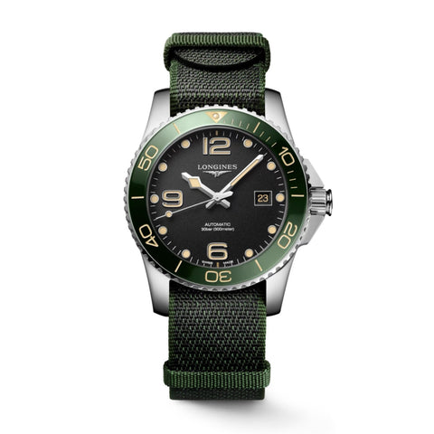 Longines Hydroconquest 41mm-Longines Hydroconquest - L3.781.4.05.2 -Longines Hydroconquest in a 41mm stainless steel/green ceramic case with black dial on synthetic nato strap, featuring a date display and automatic movement with up to 72 hours os power reserve.