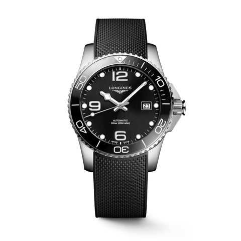 Longines HydroConquest 41mm-Longines HydroConquest - L3.781.4.56.9 - Longines HydroConquest in a 41mm stainless steel case with black dial on rubber strap, featuring a date display and automatic movement with up to 72 hours of power reserve.