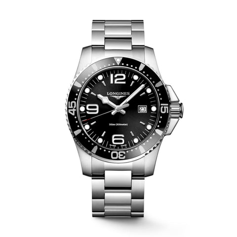 Longines HydroConquest 44m-Longines HydroConquest - L3.840.4.56.6 -Longines HydroConquest in a 44mm stainless steel case with black dial on stainless steel bracelet, featuring a date display and quartz movement.