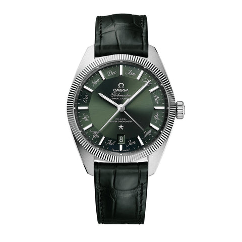 Omega Constellation Globemaster Co-axial Master Chronometer Annual Calendar 41mm-Omega Constellation Globemaster Co-axial Master Chronometer Annual Calendar 41mm - 130.33.41.22.10.001 - Omega Constellation Globemaster Co-axial Master Chronometer Annual Calendar in a 41mm stainless steel case with green dial on leather strap, featuring an annual calendar display and automatic movement.
