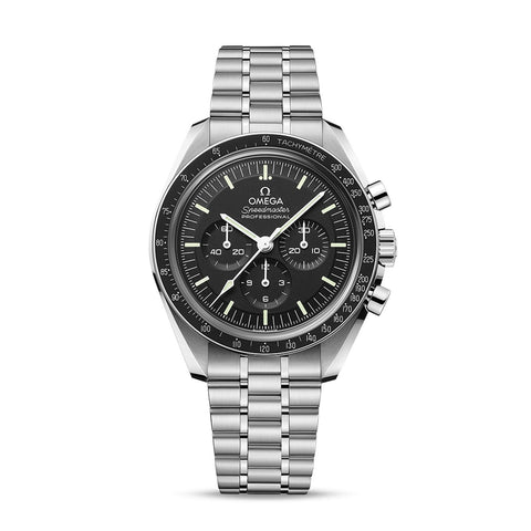 Omega Moonwatch Professional Co-Axial Master Chronometer Chronograph in a 42mm stainless steel case with black dial on stainless steel bracelet, featuring an chronograph function and hand wound mechanical movement.