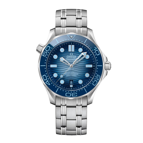 Omega Seamaster 75th Anniversary Diver 300m Co-Axial Master Chronometer 42mm-Omega Seamaster 75th Anniversary Diver 300m Co-Axial Master Chronometer in a 42mm stainless steel case with "summer" blue dial on stainless steel bracelet, featuring a date display and automatic movement.