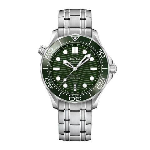 Omega Seamaster Diver 300m Co-axial Master Chronometer 42mm-Omega Seamaster Diver 300m Co-axial Master Chronometer in a 42mm stainless steel case with green dial on stainless steel bracelet, featuring a date display and automatic movement.