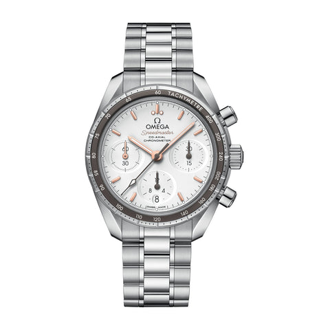 Omega Speedmaster 38-Omega Speedmaster 38 Co-Axial Chronograph 38mm - 324.30.38.50.02.001 - Omega Speedmaster 38 in a stainless steel case with silver dial on stainless steel bracelet, featuring a chronograph function, date display and automatic movement.