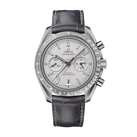 Omega Speedmaster Grey Side of the Moon 44.25mm-Omega Speedmaster Moonwatch Omega Co-Axial Chronograph in a 44.25mm grey ceramic case with grey dial on leather strap, featuring a chronograph function, date display and an automatic movement with up to 60 hours of power reserve.