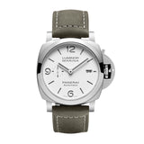 Panerai Luminor Marina - 44mm-Panerai Luminor Marina in a 44mm stainless steel case with white dial on leather strap, featuring a small seconds display, date display and automatic movement with up to 3 days of power reserve.