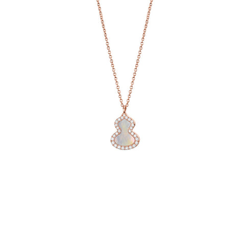 Qeelin Petite Wulu Necklace-18 karat rose gold with mother-of-pearl and diamond wulu pendant on chain.
