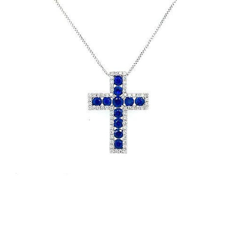 Sapphire and Diamond Cross Pendant and Chain-Sapphire Diamond Cross Pendant and Chain -