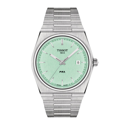 Tissot PRX - T137.410.11.091.01 - Tissot PRX in a 40mm stainless steel case with mint green dial on stainless steel bracelet, featuring a date display and quartz movement.