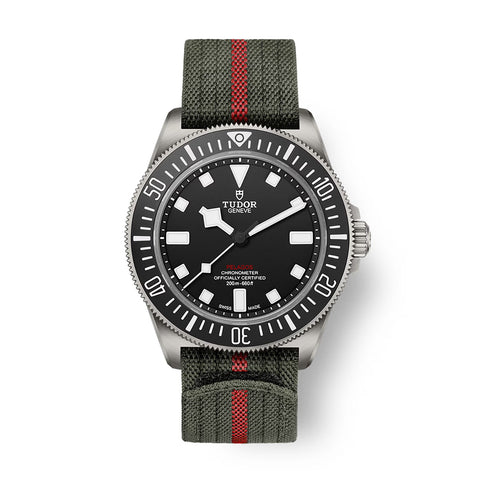 TUDOR Pelagos FXD-TUDOR Pelagos FXD - M25717N-0001 - TUDOR Pelagos FXD in a 42mm sun-brushed titanium case with black dial on nato strap, featuring an automatic movement with up to 70 hours of power reserve.