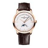 Vacheron Constantin Patrimony Moon Phase And Retrograde Date-Vacheron Constantin Patrimony Moon Phase And Retrograde Date in a 42.5mm rose gold case with silver dial on leather strap, featuring a retrograde date, moon phase and self-winding movement.