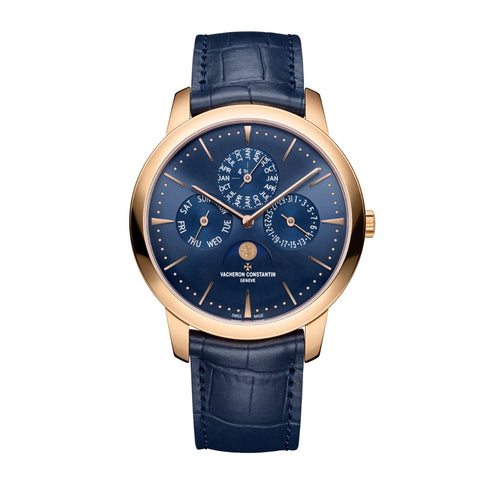 Vacheron Constantin Patrimony Perpetual Calendar Ultra-Thin - 43175/000R-B519 - Vacheron Constantin Patrimony Perpetual Calendar Ultra-Thin in a 41mm rose gold case with blue dial on leather strap, featuring a perpetual calendar, moon phase and automatic movement.