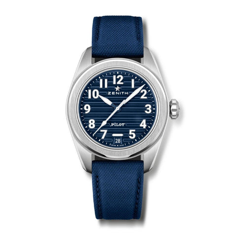 Zenith Pilot Automatic-Zenith Pilot Automatic - 03.4000.3620/51/I003 - Zenith Pilot Automatic in a 40mm stainless steel case with blue dial on blue leather strap, featuring an automatic movement with up to 60 hours of power reserve.