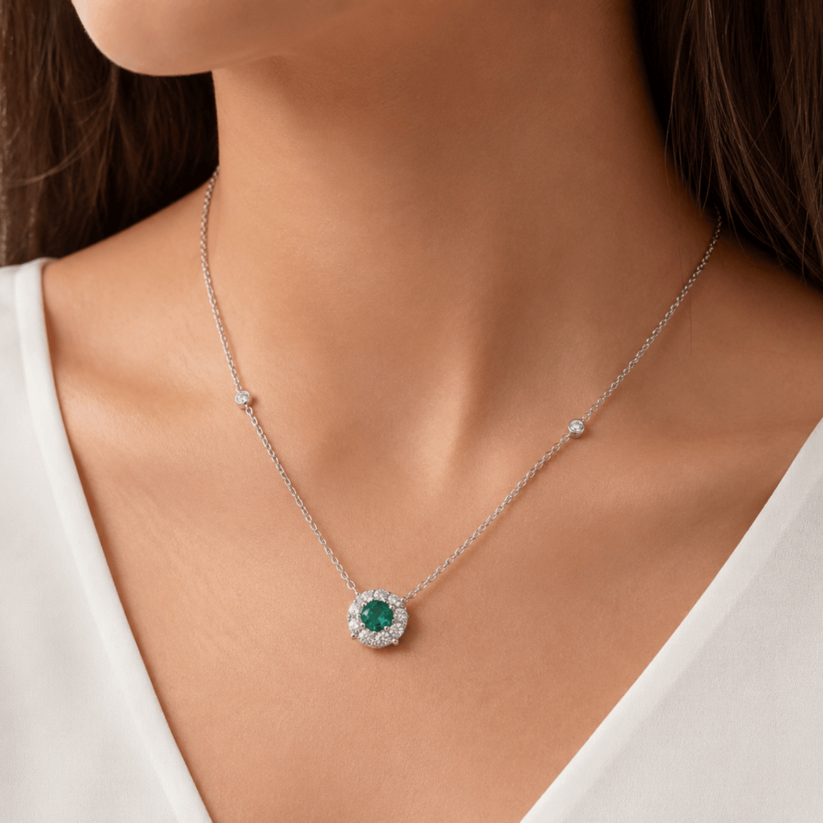 18K Emerald Diamond Halo Necklace