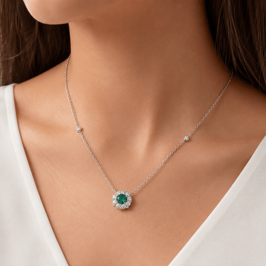 18K Emerald Diamond Halo Necklace
