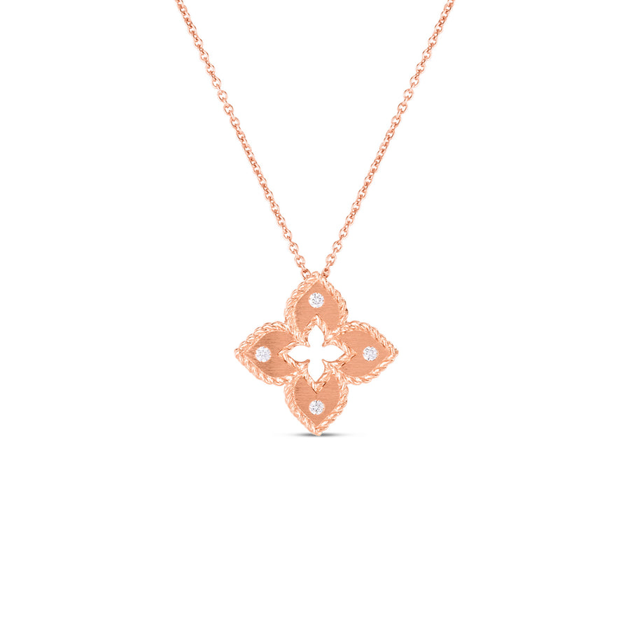 Roberto Coin Venetian Princess Petite Satin and Diamond Accent Flower Pendant in 18 karat rose gold satin finish with diamond accent.