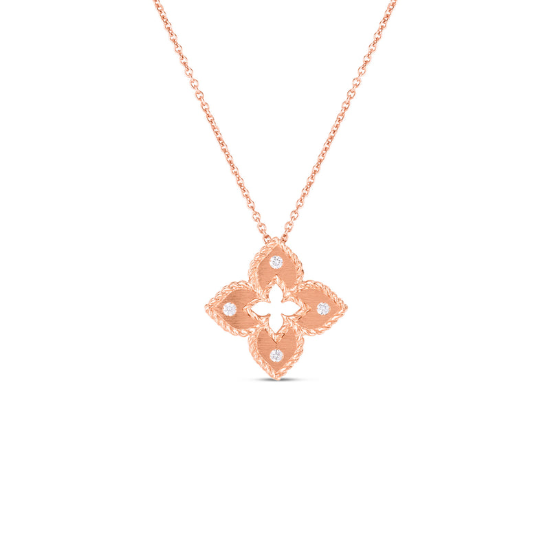 Roberto Coin Venetian Princess Petite Flower Necklace-Roberto Coin Venetian Princess Petite Satin and Diamond Accent Flower Pendant in 18 karat rose gold satin finish with diamond accent.