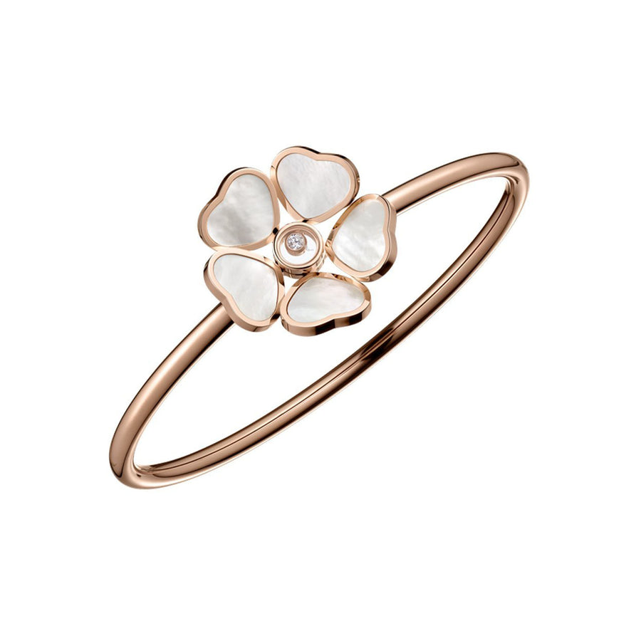 Chopard Happy Hearts Flowers Bangle in 18 karat rose gold with mother-of-pearl and one moving diamond.