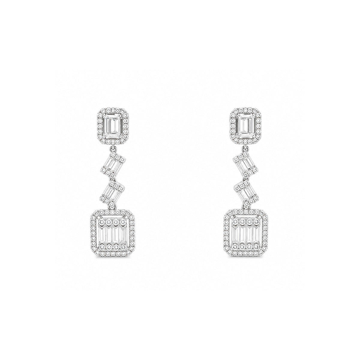 Geometric Emerald Cut & Baguette Diamond Halo Drop Earrings