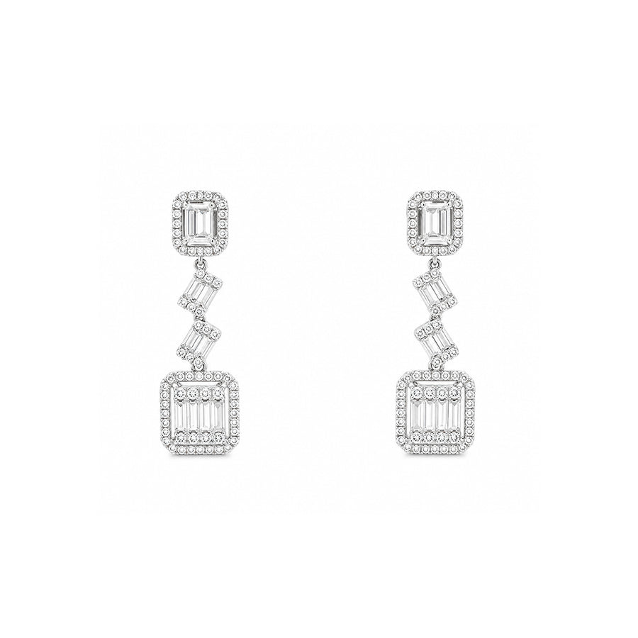Geometric Emerald Cut & Baguette Diamond Halo Drop Earrings