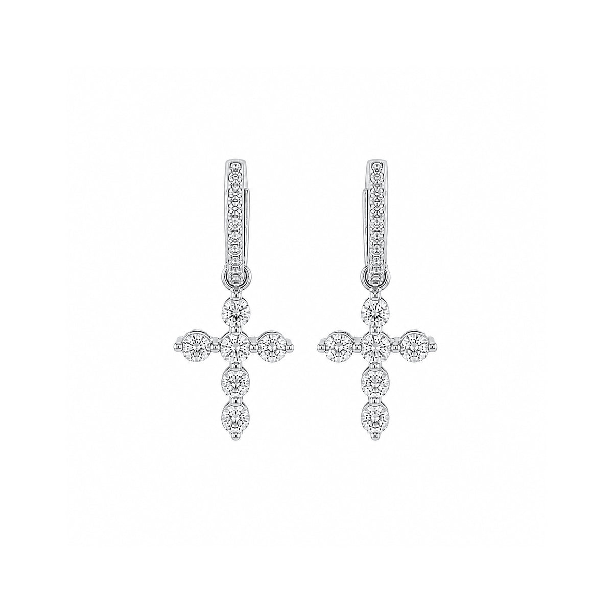 White Gold Diamond Cross Charm Huggie Drop Earrings - 1.35 CT