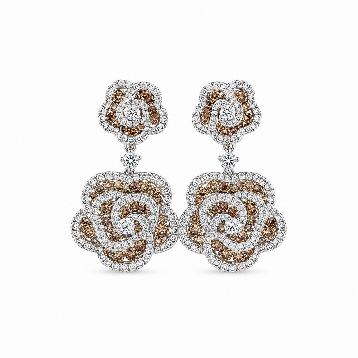 Brown and White Diamond Floral Rose Drop Earrings