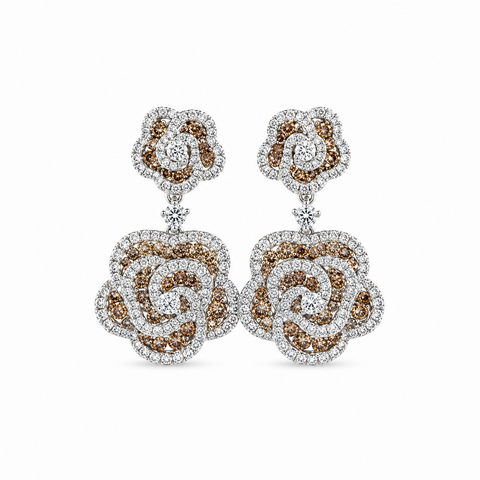 Brown and White Diamond Floral Rose Drop Earrings-Brown and White Diamond Floral Rose Drop Earrings