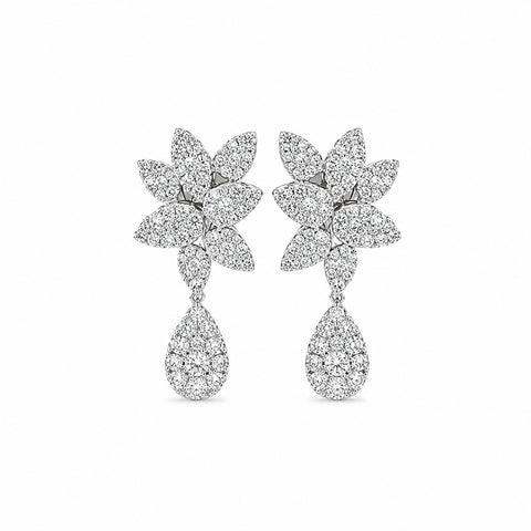 Diamond Floral Cluster and Pear Drop Earrings-Diamond Floral Cluster and Pear Drop Earrings
