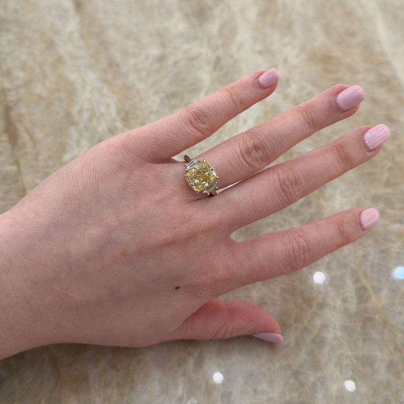 Cushion Cut Fancy Yellow Diamond 3 Stone Engagement Ring-Cushion Cut Fancy Yellow Diamond 3 Stone Engagement Ring