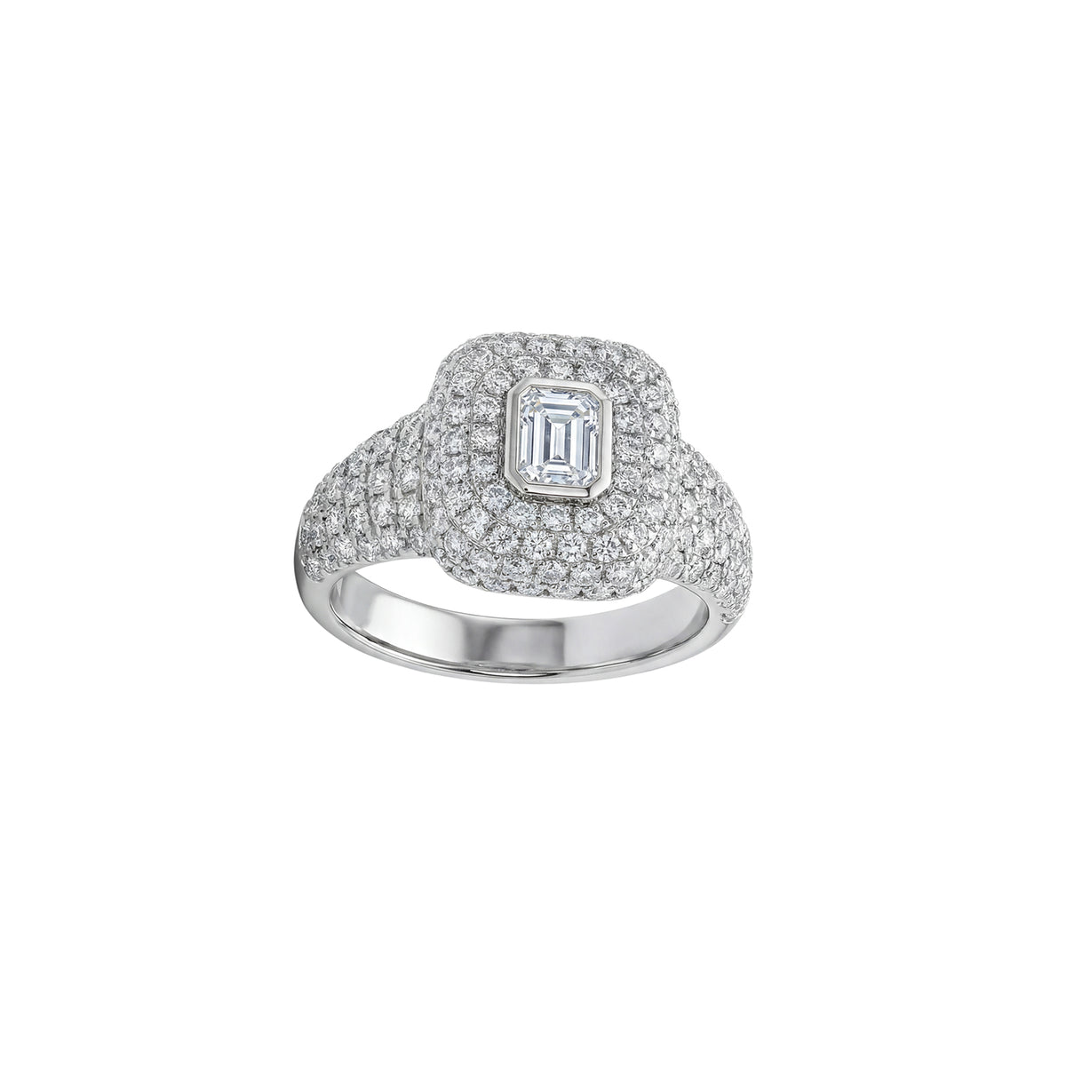 Emerald Cut Diamond Double Cushion Halo Pavé Ring