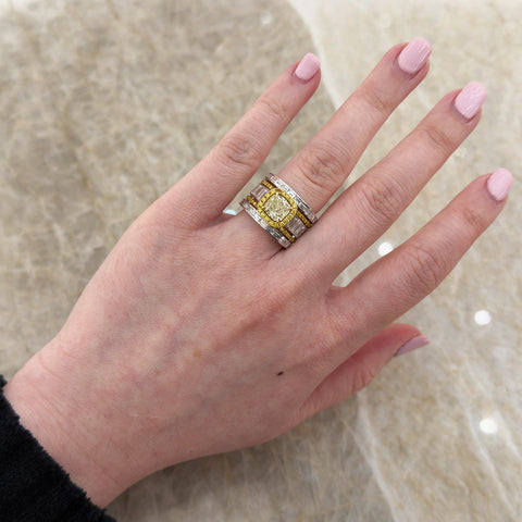 Cushion Cut Yellow Diamond Wide Ring-Cushion Cut Yellow Diamond Wide Ring