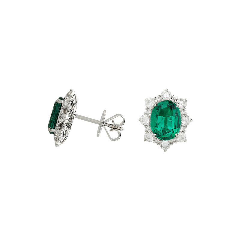 Oval Brilliant Cut Emerald Diamond Halo Stud Earrings-Oval Brilliant Cut Emerald Diamond Halo Stud Earrings
